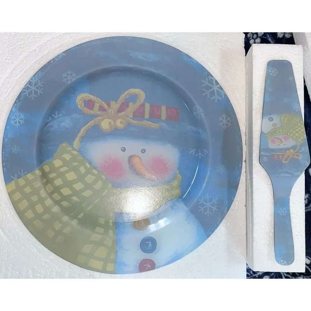 Vintage Snowman Christmas Holiday Glass Platter and Server set